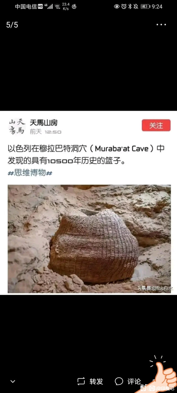 以色列埋在土里10000年的竹篮子，好新啊。